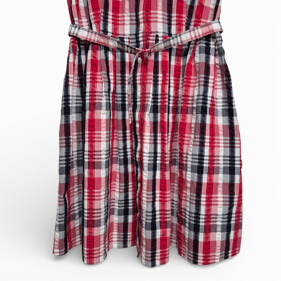 Brooks Brothers Womens Sz 12 Red Plaid Shirt Dress White Contrast Collar Belted - Picture 3 of 9